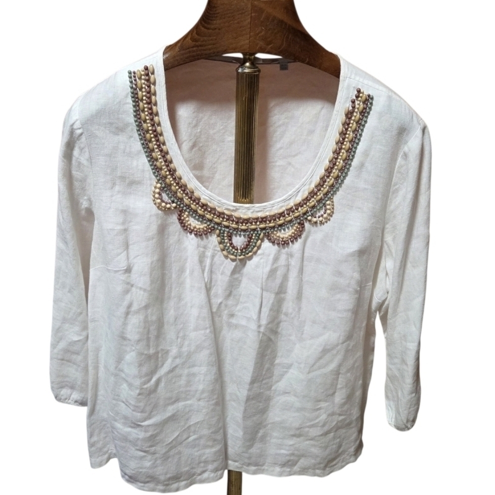 Boden Linen White Long Sleeve Beaded Blouse Shirt Size 16